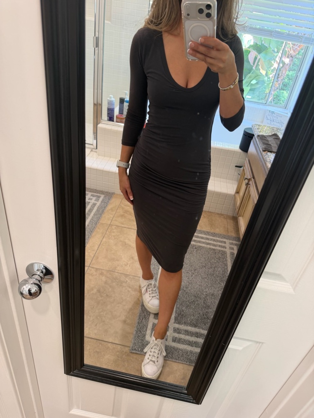 James Perse Classic Charcoal Grey Scoop Neck Bodycon Dress